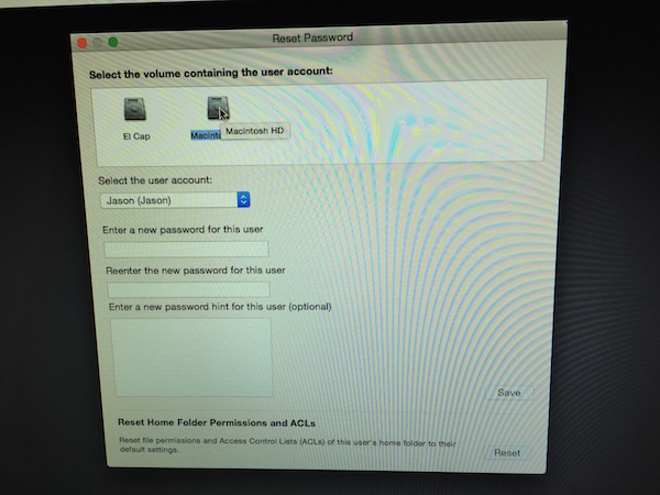 selecting hard drive in terminal reset password app