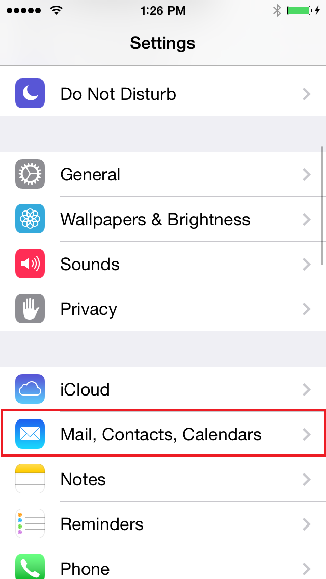 First, click "Mail, Contacts, Calendars"