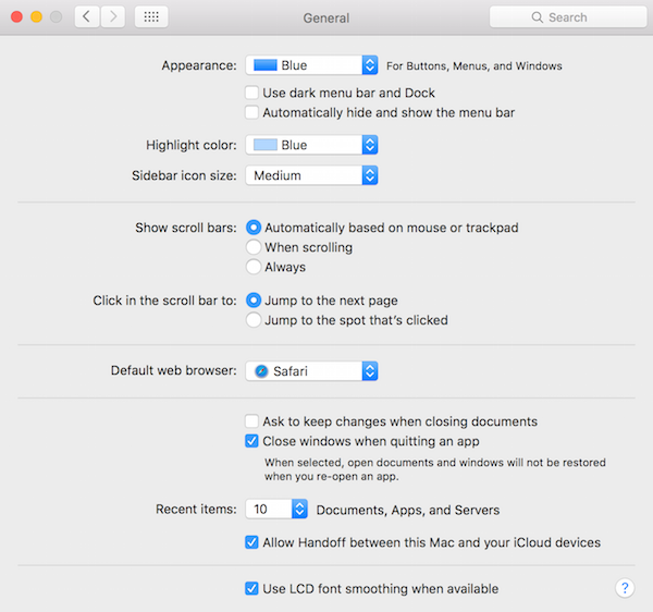 General Customization settings Mac