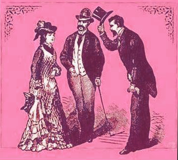 19th Century of Man tipping his hat to greet a lady while another man stands at a distance