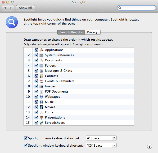 Search Options in Spotlight
