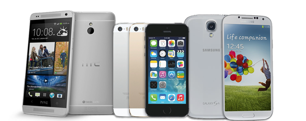 iPhone 5S vs HTC One vs Samsung Galaxy S4 phones side-by-side